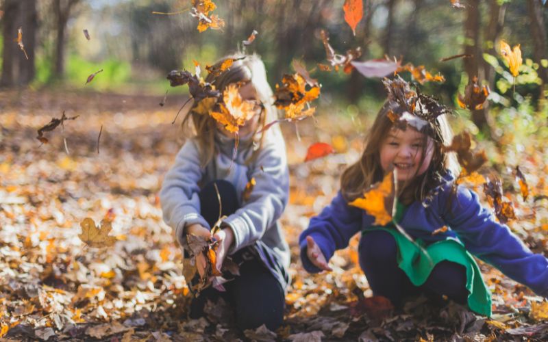 Kinder im Waldkindergarten die im Herbst mit den Blättern spielen