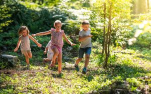 Kinder rennen durch den Wald im Waldkindergarten